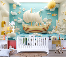 Load image into Gallery viewer, Nautical Sailboat Wall Mural – 3D Paper Style Kids Wallpaper – Peel and Stick or Non-Woven Ocean Theme Nursery Decor
