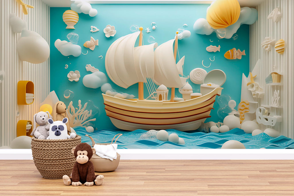 Nautical Sailboat Wall Mural – 3D Paper Style Kids Wallpaper – Peel and Stick or Non-Woven Ocean Theme Nursery Decor