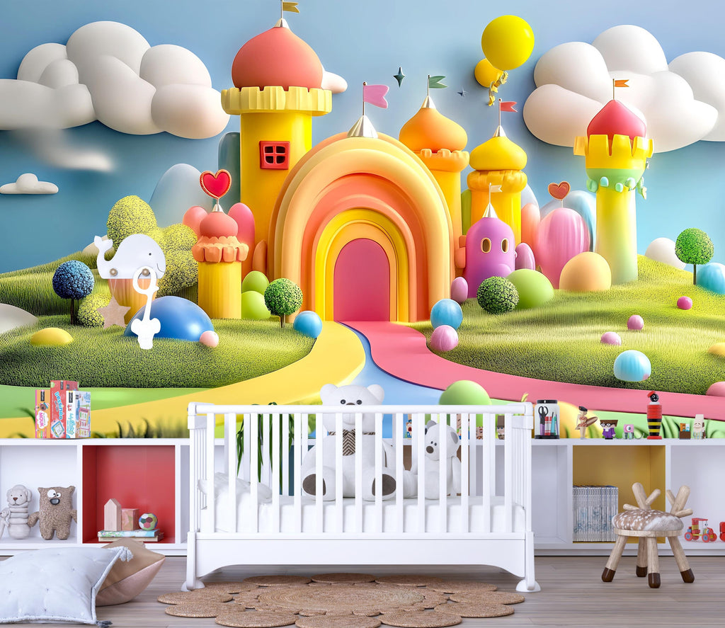 Rainbow Castle Wall Mural – Colorful Kids Wallpaper – 3D Fantasy Playroom Decor – Peel and Stick or Non-Woven Options