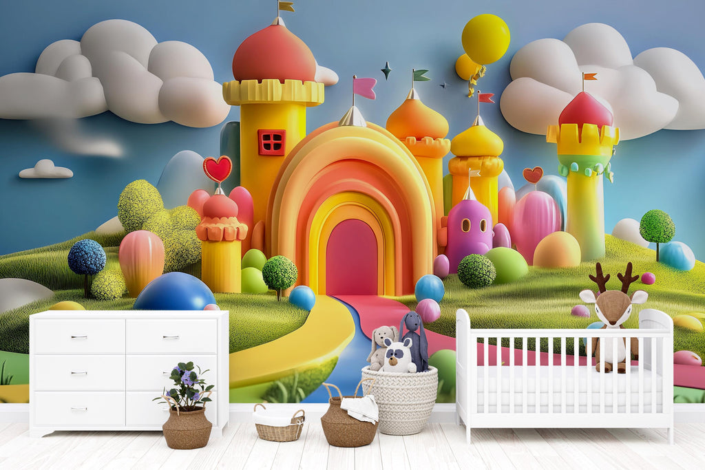 Rainbow Castle Wall Mural – Colorful Kids Wallpaper – 3D Fantasy Playroom Decor – Peel and Stick or Non-Woven Options