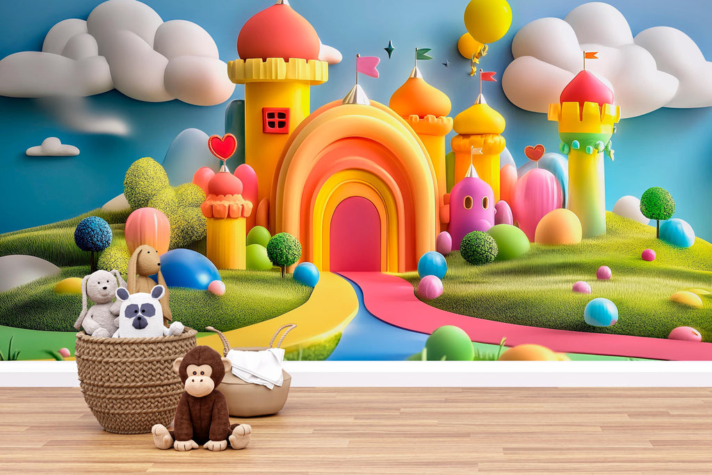 Rainbow Castle Wall Mural – Colorful Kids Wallpaper – 3D Fantasy Playroom Decor – Peel and Stick or Non-Woven Options