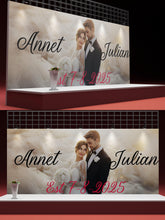 Load image into Gallery viewer, Custom Wedding Photo Mural with Names &amp; Date | Personalized Backdrop Gift | Upload Your Photo | Elegant Couple Wall Decor