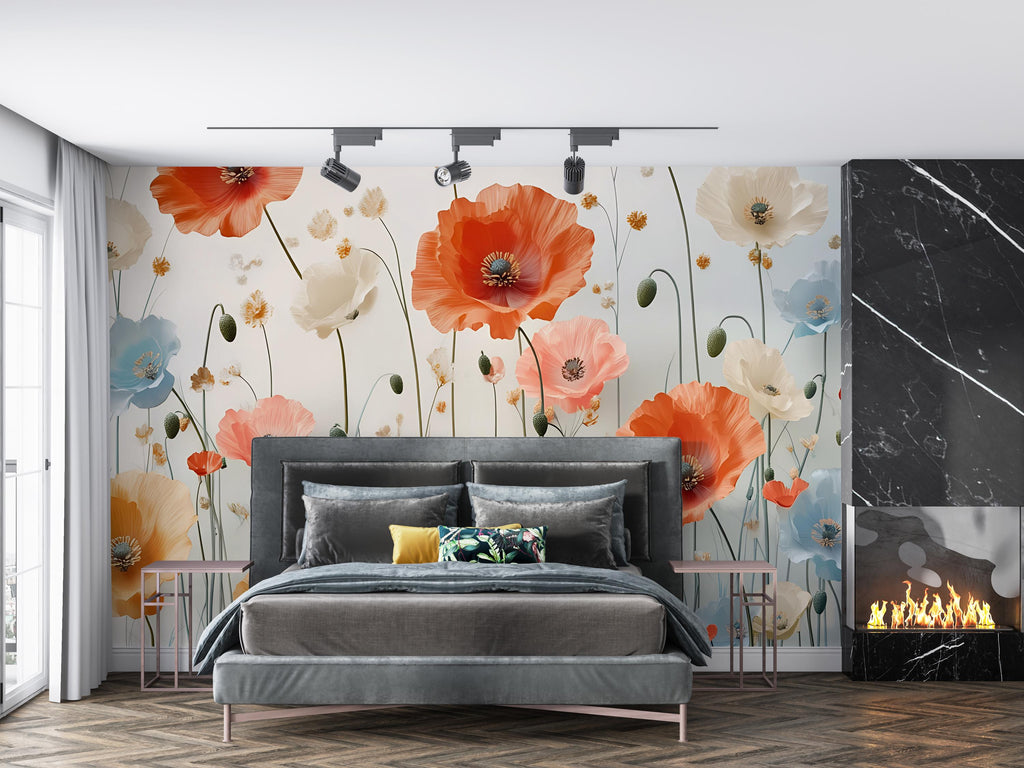 Poppy Flower Wall Mural – Elegant Floral Wallpaper for Bedroom or Living Room – Peel and Stick or Non-Woven – Custom Sizes