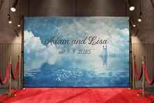 Load image into Gallery viewer, Custom Wedding Name &amp; Date Mural | Dreamy Blue Sky Backdrop | Personalized Gift for Couple | Anniversary or Engagement Photo Wall