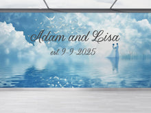 Load image into Gallery viewer, Custom Wedding Name &amp; Date Mural | Dreamy Blue Sky Backdrop | Personalized Gift for Couple | Anniversary or Engagement Photo Wall