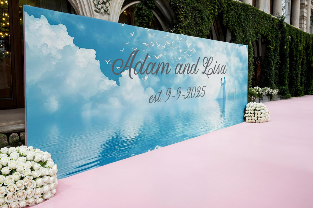 Custom Wedding Name & Date Mural | Dreamy Blue Sky Backdrop | Personalized Gift for Couple | Anniversary or Engagement Photo Wall