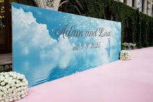 Load image into Gallery viewer, Custom Wedding Name &amp; Date Mural | Dreamy Blue Sky Backdrop | Personalized Gift for Couple | Anniversary or Engagement Photo Wall