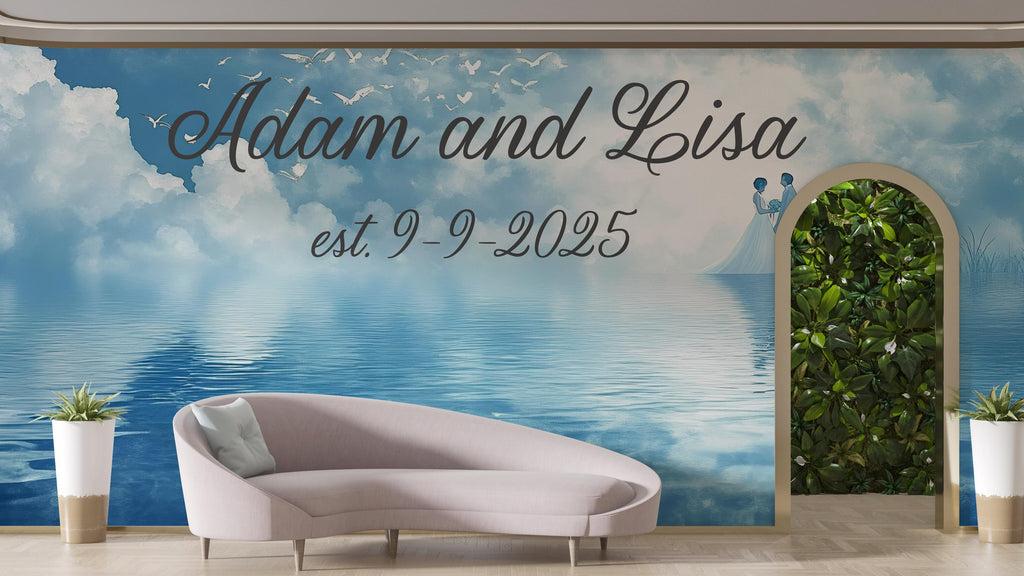Custom Wedding Name & Date Mural | Dreamy Blue Sky Backdrop | Personalized Gift for Couple | Anniversary or Engagement Photo Wall
