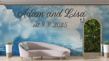 Load image into Gallery viewer, Custom Wedding Name &amp; Date Mural | Dreamy Blue Sky Backdrop | Personalized Gift for Couple | Anniversary or Engagement Photo Wall
