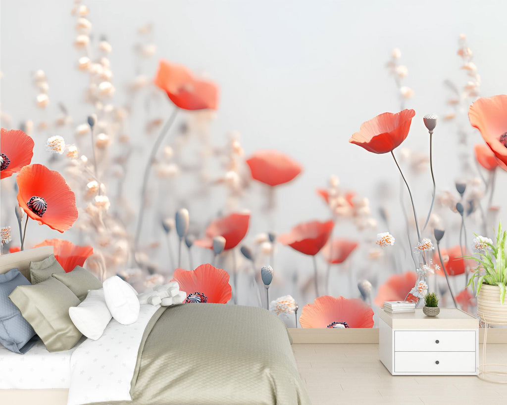 Red Poppy Wall Mural – Romantic Floral Wallpaper for Bedroom or Living Room, Soft Wildflower Bloom Design, Peel and Stick or Non-Woven
