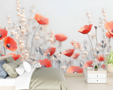 Load image into Gallery viewer, Red Poppy Wall Mural – Romantic Floral Wallpaper for Bedroom or Living Room, Soft Wildflower Bloom Design, Peel and Stick or Non-Woven