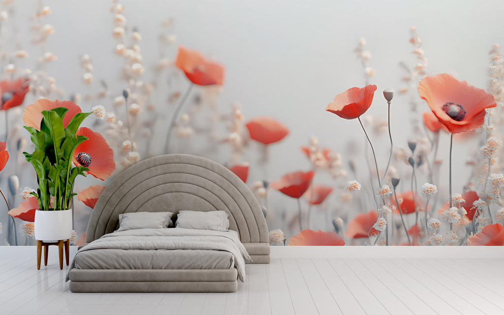 Red Poppy Wall Mural – Romantic Floral Wallpaper for Bedroom or Living Room, Soft Wildflower Bloom Design, Peel and Stick or Non-Woven