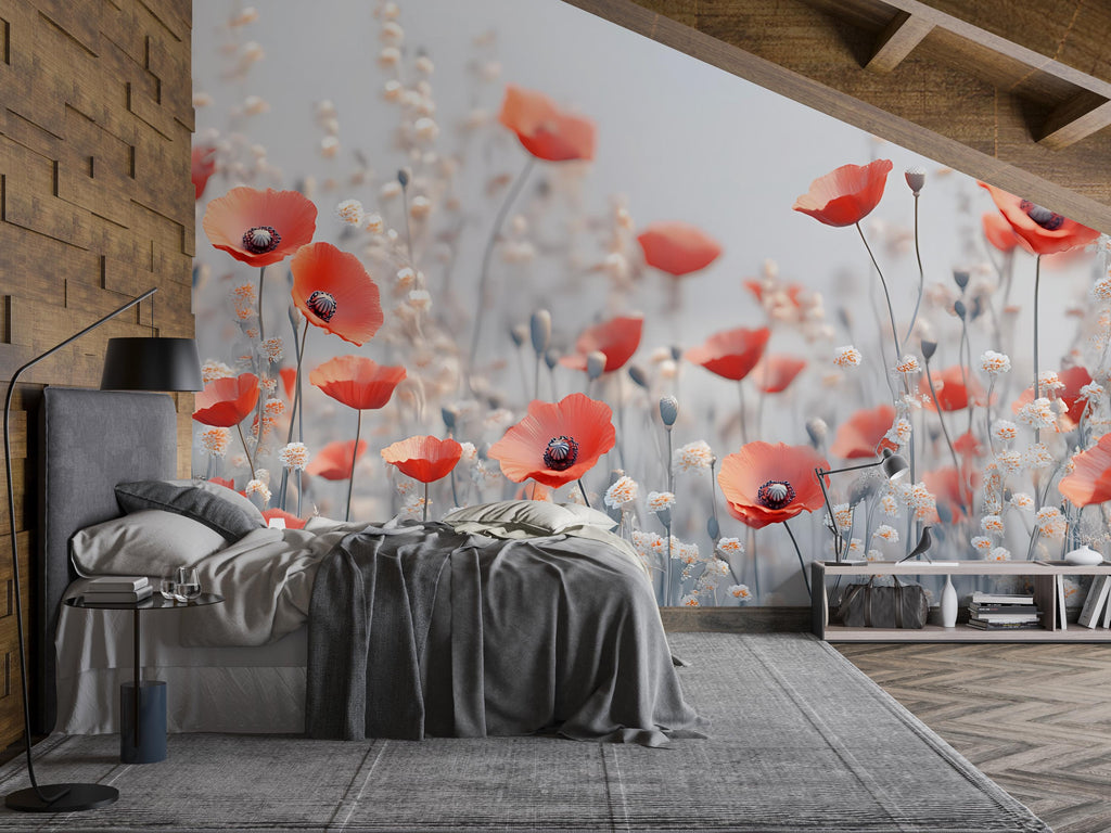 Red Poppy Wall Mural – Romantic Floral Wallpaper for Bedroom or Living Room, Soft Wildflower Bloom Design, Peel and Stick or Non-Woven