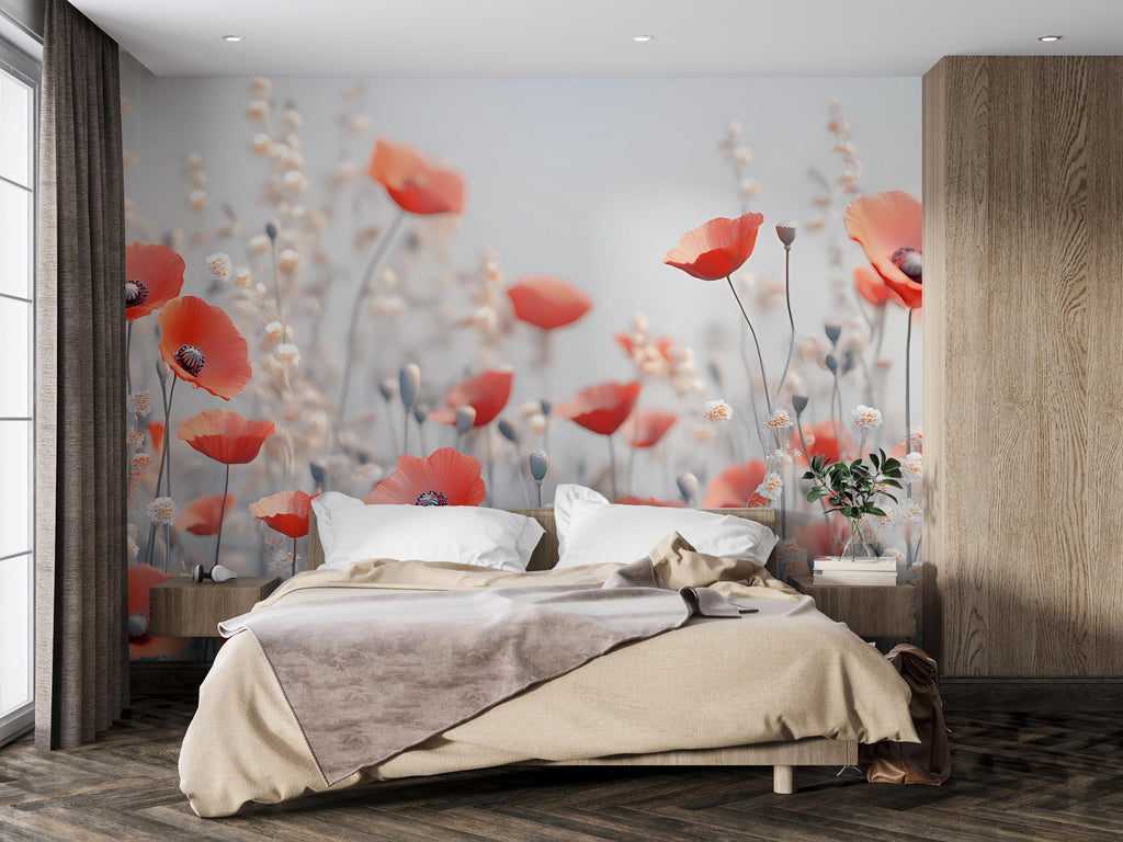 Red Poppy Wall Mural – Romantic Floral Wallpaper for Bedroom or Living Room, Soft Wildflower Bloom Design, Peel and Stick or Non-Woven
