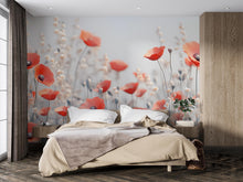 Load image into Gallery viewer, Red Poppy Wall Mural – Romantic Floral Wallpaper for Bedroom or Living Room, Soft Wildflower Bloom Design, Peel and Stick or Non-Woven