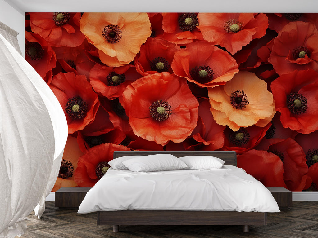 Red Poppy Flower Wall Mural – Bold Floral Wallpaper for Bedroom, 3D Bloom Design, Peel and Stick or Non-Woven Custom Wall Art