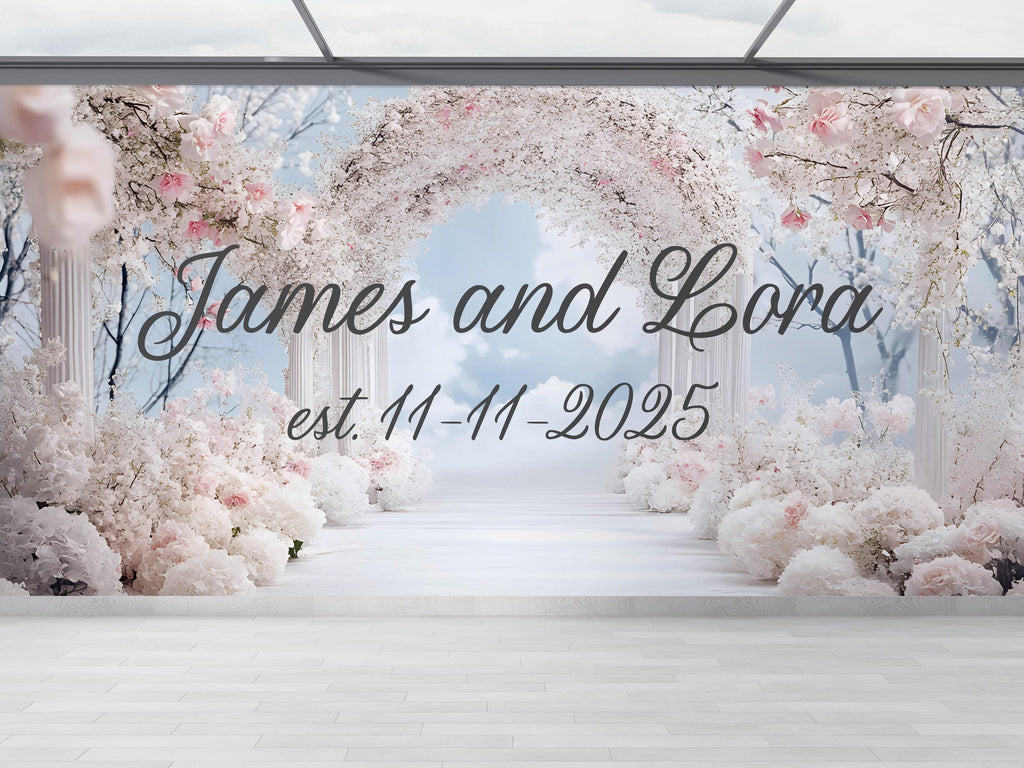 Personalized Wedding Arch Backdrop | Custom Names & Date Gift | Romantic Floral Aisle Wall Mural | Bridal Shower or Anniversary Decor
