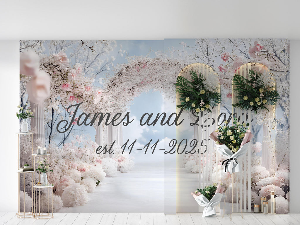Personalized Wedding Arch Backdrop | Custom Names & Date Gift | Romantic Floral Aisle Wall Mural | Bridal Shower or Anniversary Decor