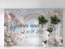 Load image into Gallery viewer, Personalized Wedding Arch Backdrop | Custom Names &amp; Date Gift | Romantic Floral Aisle Wall Mural | Bridal Shower or Anniversary Decor