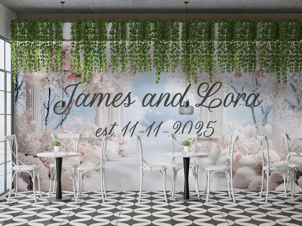 Personalized Wedding Arch Backdrop | Custom Names & Date Gift | Romantic Floral Aisle Wall Mural | Bridal Shower or Anniversary Decor