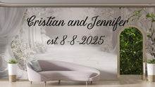 Load image into Gallery viewer, Custom Wedding Backdrop with Names &amp; Date | White Floral Elegant Photo Wall | Personalized Wedding Gift | Est. Sign for Couples