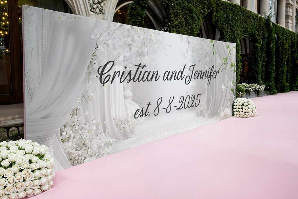 Custom Wedding Backdrop with Names & Date | White Floral Elegant Photo Wall | Personalized Wedding Gift | Est. Sign for Couples