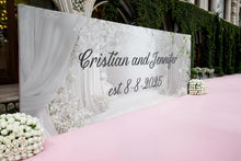 Load image into Gallery viewer, Custom Wedding Backdrop with Names &amp; Date | White Floral Elegant Photo Wall | Personalized Wedding Gift | Est. Sign for Couples