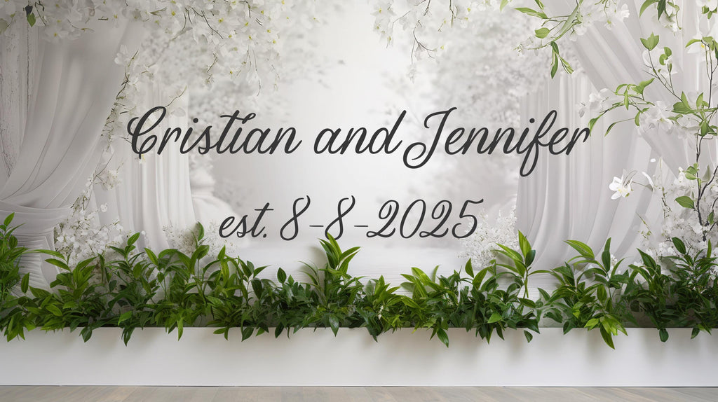 Custom Wedding Backdrop with Names & Date | White Floral Elegant Photo Wall | Personalized Wedding Gift | Est. Sign for Couples