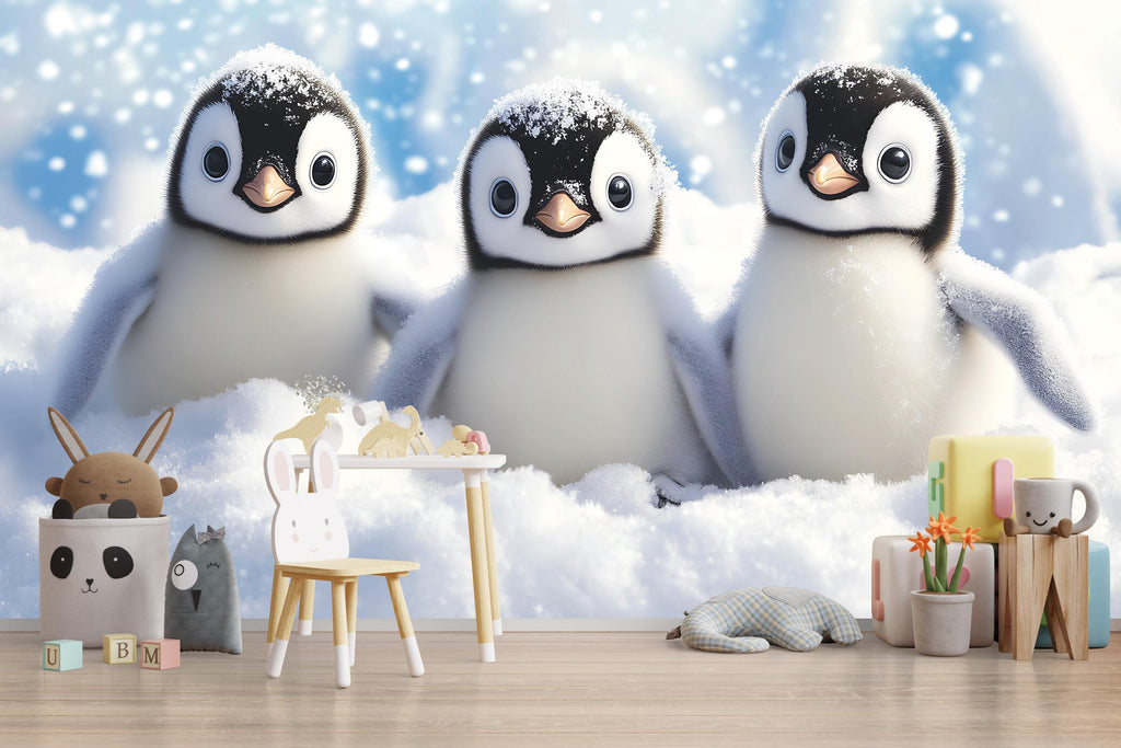 Cute Baby Penguins Wall Mural | Winter Nursery Wallpaper | Holiday Baby Gift Idea | Peel and Stick or Non-Woven Arctic Snow Design