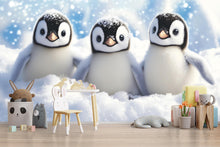Load image into Gallery viewer, Cute Baby Penguins Wall Mural | Winter Nursery Wallpaper | Holiday Baby Gift Idea | Peel and Stick or Non-Woven Arctic Snow Design