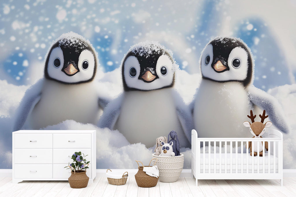 Cute Baby Penguins Wall Mural | Winter Nursery Wallpaper | Holiday Baby Gift Idea | Peel and Stick or Non-Woven Arctic Snow Design