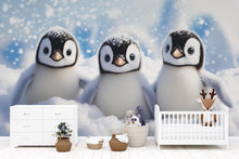 Load image into Gallery viewer, Cute Baby Penguins Wall Mural | Winter Nursery Wallpaper | Holiday Baby Gift Idea | Peel and Stick or Non-Woven Arctic Snow Design