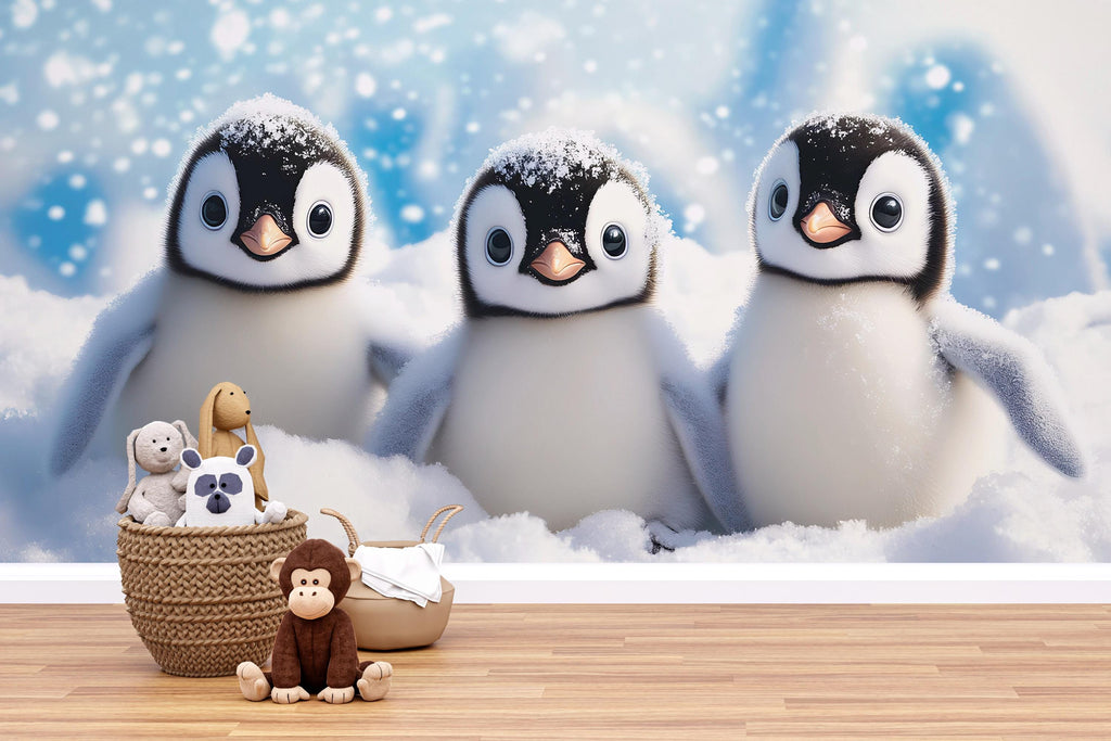 Cute Baby Penguins Wall Mural | Winter Nursery Wallpaper | Holiday Baby Gift Idea | Peel and Stick or Non-Woven Arctic Snow Design