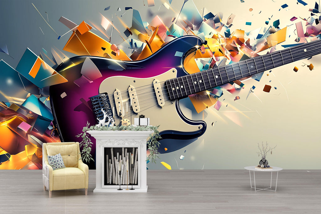 Electric Guitar Wall Mural – Vibrant Music Room Decor for Guitar Lovers, Teen Bedroom or Studio Gift, Musician Wall Art
