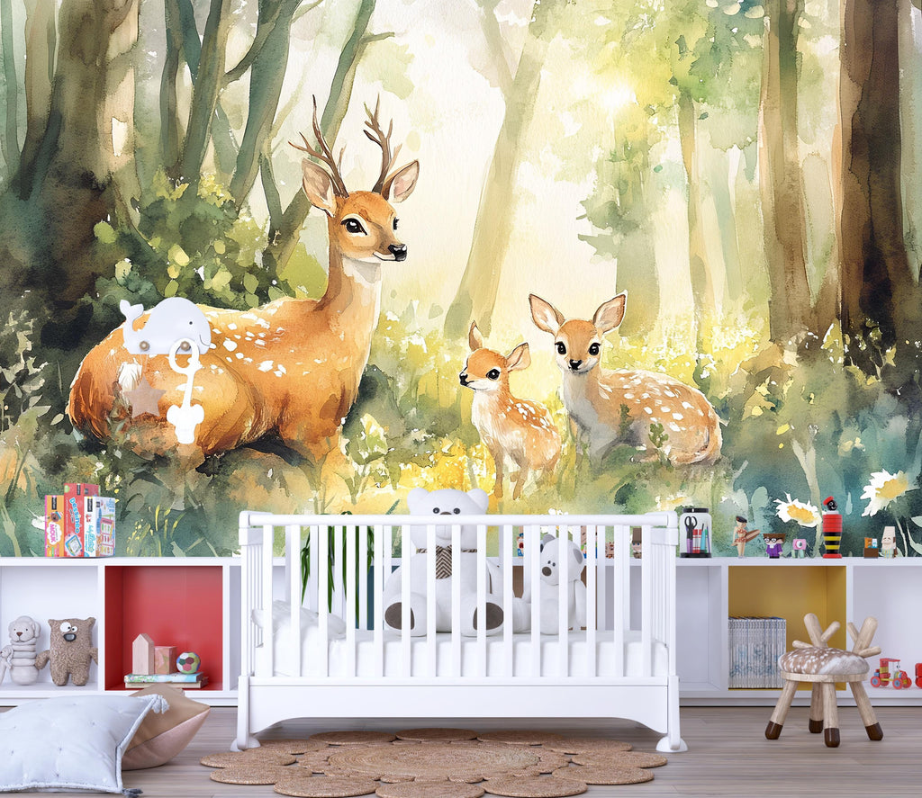 Woodland Deer Wall Mural for Kids Room – Forest Animal Wallpaper for Nursery or Playroom – Bambi Style Peel and Stick Mural