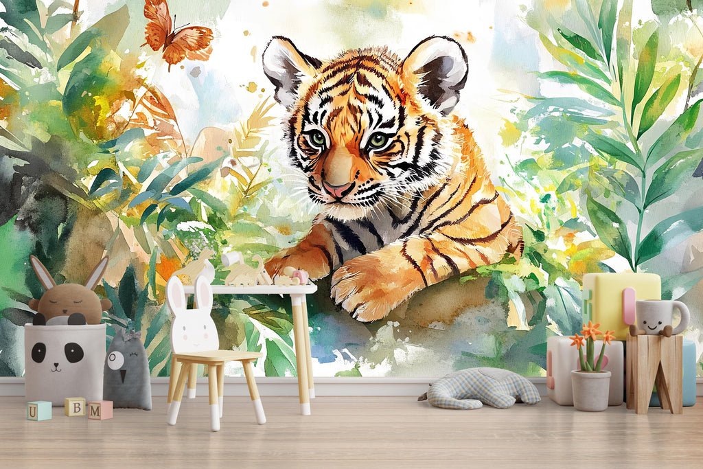 Tiger Jungle Wall Mural for Nursery – Jungle Safari Wallpaper for Kids Room – Peel and Stick Baby Tiger Wall Decor – Wildlife Wall Art