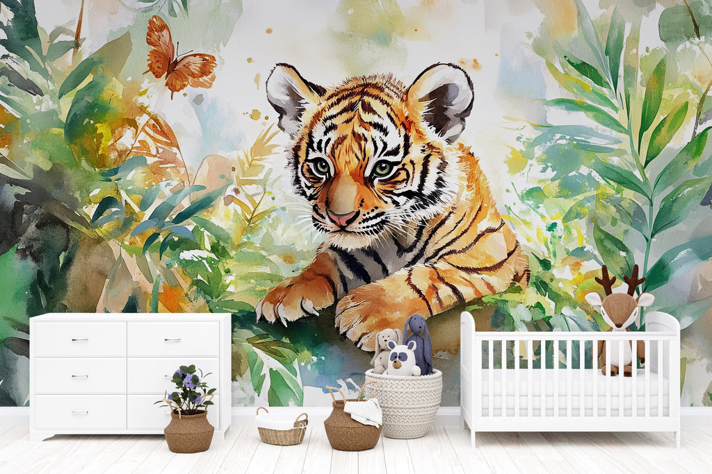 Tiger Jungle Wall Mural for Nursery – Jungle Safari Wallpaper for Kids Room – Peel and Stick Baby Tiger Wall Decor – Wildlife Wall Art