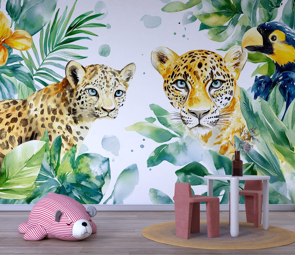 Leopard Jungle Wall Mural for Kids Room – Safari Animal Peel and Stick Wallpaper – Tropical Nursery Decor – Jungle Theme Wall Art