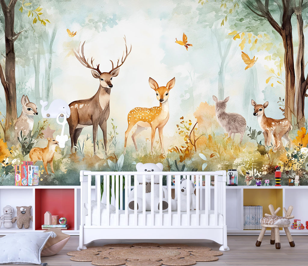 Deer Forest Wallpaper Mural for Kids Room – Woodland Animal Peel and Stick Wall Mural – Nursery Wall Art – Removable Nature Décor