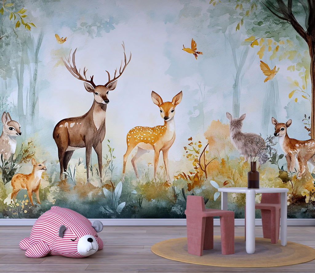 Deer Forest Wallpaper Mural for Kids Room – Woodland Animal Peel and Stick Wall Mural – Nursery Wall Art – Removable Nature Décor