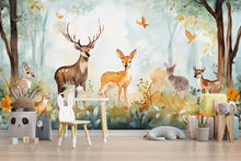 Load image into Gallery viewer, Deer Forest Wallpaper Mural for Kids Room – Woodland Animal Peel and Stick Wall Mural – Nursery Wall Art – Removable Nature Décor