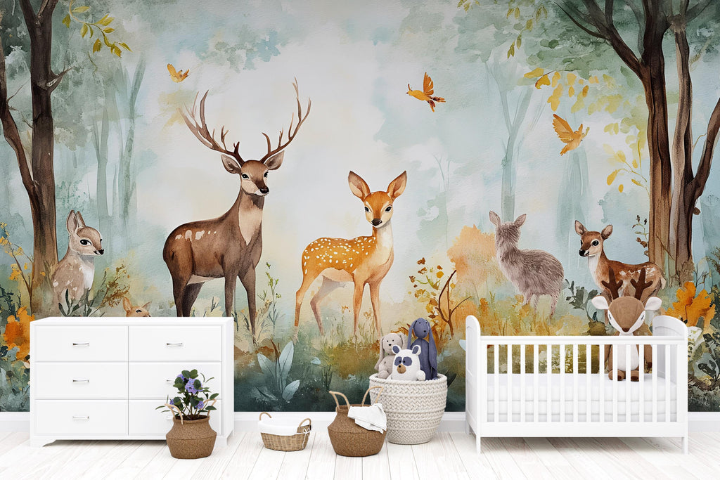 Deer Forest Wallpaper Mural for Kids Room – Woodland Animal Peel and Stick Wall Mural – Nursery Wall Art – Removable Nature Décor