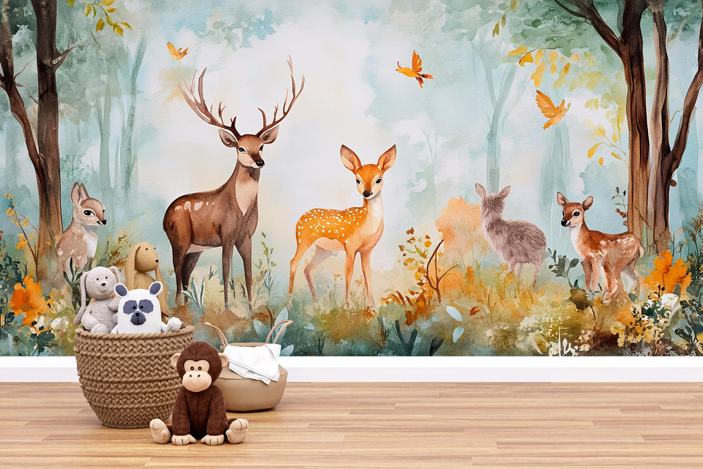 Deer Forest Wallpaper Mural for Kids Room – Woodland Animal Peel and Stick Wall Mural – Nursery Wall Art – Removable Nature Décor