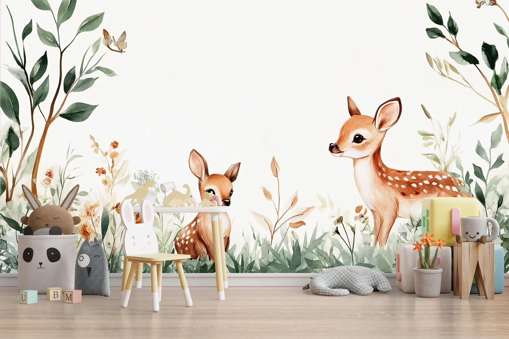 Minimalist Deer Nursery Wallpaper – Baby Deer Forest Wall Mural – Peel and Stick Woodland Mural – Kids Room Animal Wall Art