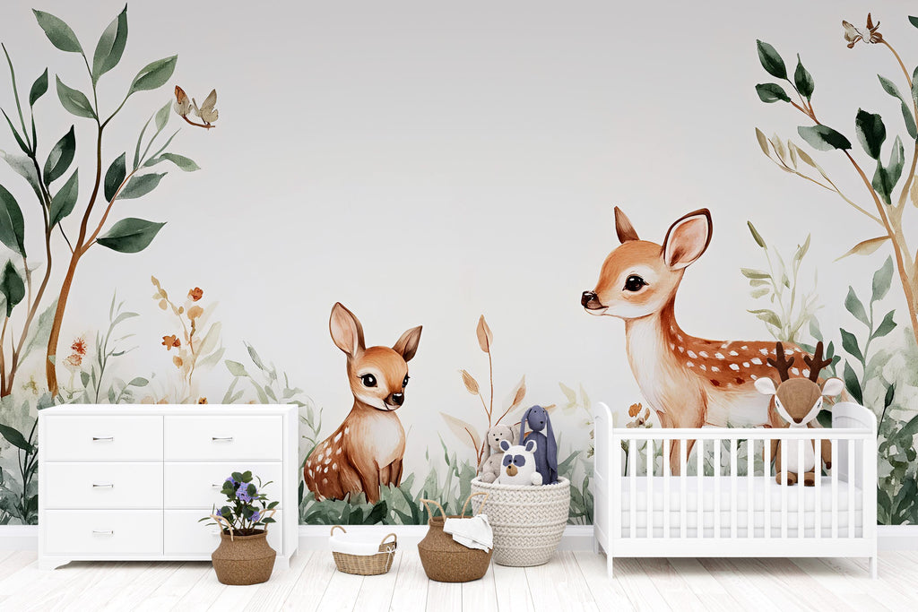 Minimalist Deer Nursery Wallpaper – Baby Deer Forest Wall Mural – Peel and Stick Woodland Mural – Kids Room Animal Wall Art