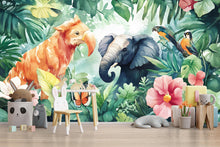 Load image into Gallery viewer, Jungle Safari Kids Wall Mural – Peel and Stick Elephant &amp; Parrot Wallpaper – Tropical Nursery Décor – Removable Jungle Animal Mural
