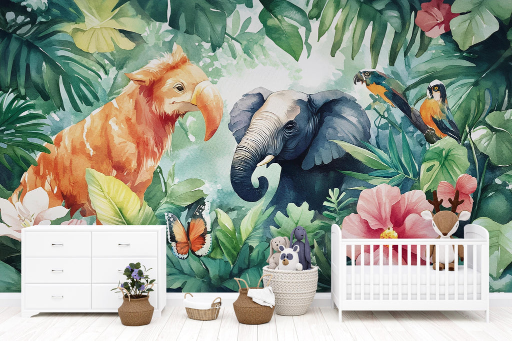Jungle Safari Kids Wall Mural – Peel and Stick Elephant & Parrot Wallpaper – Tropical Nursery Décor – Removable Jungle Animal Mural