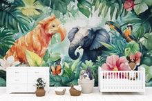 Load image into Gallery viewer, Jungle Safari Kids Wall Mural – Peel and Stick Elephant &amp; Parrot Wallpaper – Tropical Nursery Décor – Removable Jungle Animal Mural