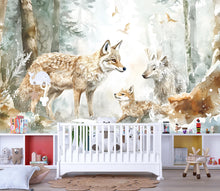 Load image into Gallery viewer, Woodland Fox &amp; Deer Winter Wall Mural – Peel and Stick Nursery Wallpaper – Removable Forest Animal Snow Scene for Kids Room