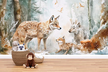 Load image into Gallery viewer, Woodland Fox &amp; Deer Winter Wall Mural – Peel and Stick Nursery Wallpaper – Removable Forest Animal Snow Scene for Kids Room